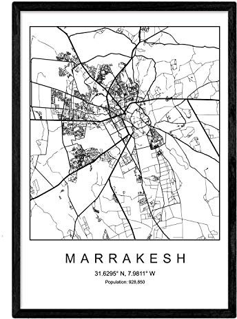 Nacnic Lámina Mapa de la Ciudad Marrakesh Estilo nordico en Blanco y Negro. Poster tamaño A3 Sin Marco Impreso Papel 250 gr. Cuadros, láminas y Posters para Salon y Dormitorio