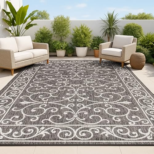 JONATHAN Y Vintage Filigree Indoor Outdoor Area Rug 8X10 Black/Gray, Charleston Textured Weave for Backyard, Patio, Porch, Easy-Cleaning, High Traffic, Pet-Friendly, Non-Shedding (SMB106G-8)