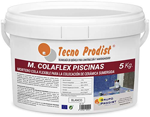 M-COLAFLEX PISCINAS de Tecno Prodist (5 Kg) Adhesivo cementoso mejorado flexible ideal para la colocación de baldosas en contacto permanente con agua como piscinas, depósitos agua, etc (Blanco)