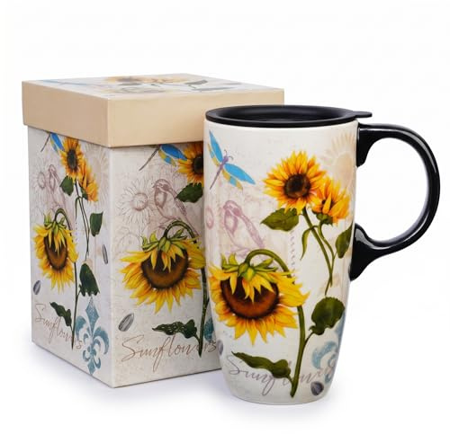 DUSVALLY Ceramic Travel Mug with Lid, 500ml/17oz Sunflower Coffee Cup with Handle, Dragonfly Floral Tea Mug, Microwave & Dishwasher Safe, Gift Box Included