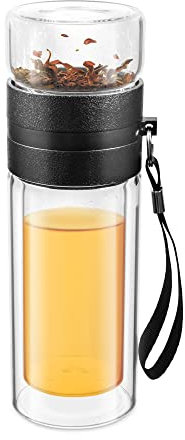 Impolio Reise-Teeflasche - Doppelwandiges Glas, 230ml + 120ml Teebehälter, 100% auslaufsicher, einfache Reinigung, Spülmaschinenfest, 7cm x 31cm