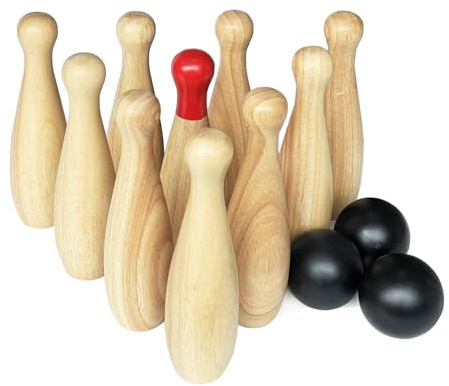 Juego de bolos de madera para césped, 10 pines y 3 bolas en una bolsa de transporte (23 cm de alto, natural)