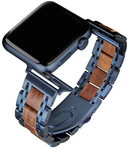 Natürliches Holz Blau Walnuss Edelstahl Metallarmband, Ersatzarmband für Apple Watch Ultra & SE Serie 8 7 6 Serie 5 4 3 2 1,42mm 44mm 45mm (42/44 mm)