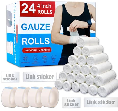 KIWAEZS 24 Pack Gauze Rolls Bandages 4 ” x 4.1 yd Premium Quality Lint and Latex-Free Conforming Stretch Designed for Wound Care for Wound Dressing Support(Ideal for Home and car First aid Kits)