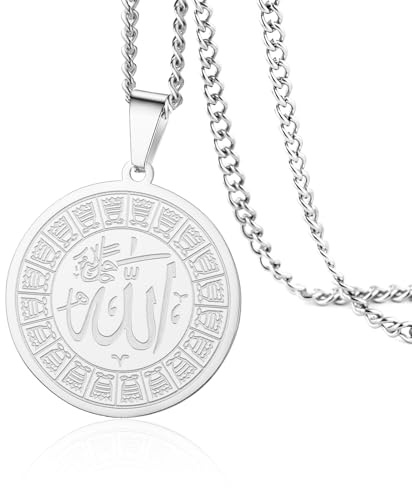 VASSAGO Islamiskt muslimskt halsband för män och kvinnor, runt religiöst hänge, Ayatul Kursi-halsband, present, Rostfritt stål