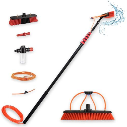 Brosse nettoyante et Lavage Extensible 4,6 m avec Eau à Pression - Nettoyeur de fenêtres, Vitres, Murs et Voitures, Perche Telescopique, Balai avec Eau et Savon, Nettoie plaques et Panneaux solaires