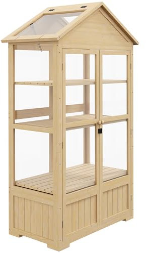 Outsunny Serre en Bois verrouillable Serre avec 4 Niveaux, fenêtre de Toit, châssis de Couche avec Double Porte, pour Jardin, Balcon, Naturel, 100 x 56,5 x 178 cm