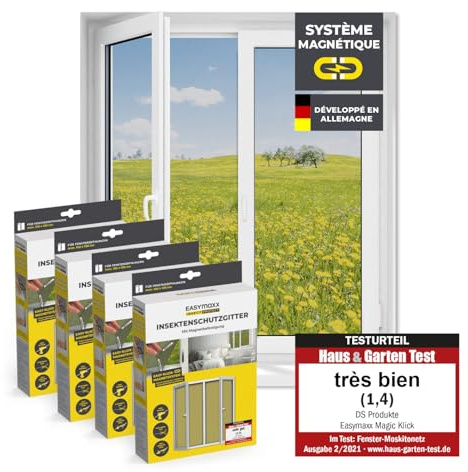 EASYmaxx Fliegengitter für Fenster mit Magic Click | Moskitonetz individuell zuschneidbar für alle Fenster bis 150 x 130 cm | Einfache Montage mit 12 Magneten - kein Bohren oder Schrauben [4 Stück]