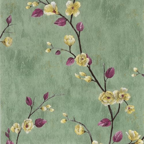 Hode Papel tapiz adhesivo de plástico con estampado floral verde ciruela, 44 cm x 6 m, papel tapiz autoadhesivo para despegar y pegar, papel de contacto impermeable, envoltura de vinilo para pared,