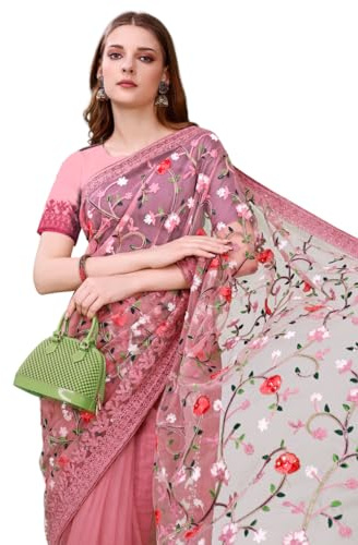 Jaanvi mode kvinnors blommiga broderade nätsari med osydd blusdel (Diwali Special), Lök rosa, en storlek