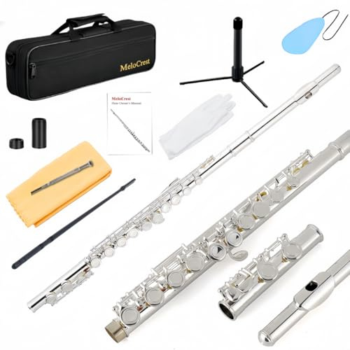 MeloCrest Silver Plated Closed Hole Flute, 16 Keys C Flute Perfect for Beginner School Band Students Advanced Player with Carrying Case, Stand, Gloves, Cleaning Kit, Tuning Rod and More