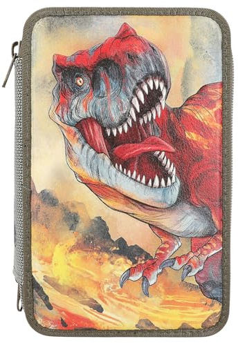 Depesche 13135 Dino World - Gefüllte 3-Fach Federtasche in Olivegrün, Motiv mit 3D Effekt, Federmappe mit Buntstiften, Lineal, Schere UVM.