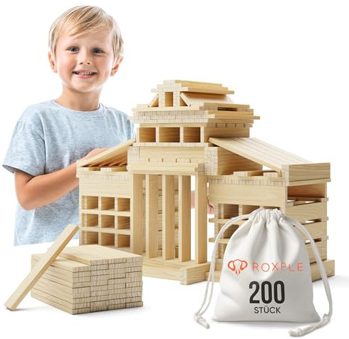 ROXPLE Holzbausteine Natur 200 Stück, Montessori Spielzeug für Kinder ab 3 Jahren, Klötzchen zum Basteln, ideales Konstruktionsspielzeug mit Bausteine Holz, Holzklötze im Baumwollbeutel