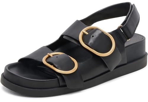Lovee Cosee Black Flat Sandals for Women with Arch Support Cushioned Footbed Open Toe Double Buckle Adjustable Hook-Loop Breathable Summer Shoes Dress Casual Beach Pool Party Size 10