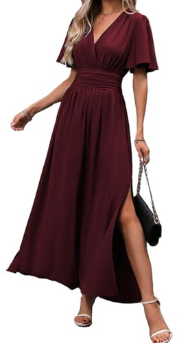 JENJON Femme Robe Longue Col V Elegant Manches Courtes d'été Taille Haute Plissée Elastique Casual Fente Maxi Robes