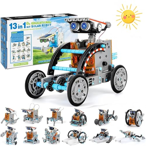 Georgie Porgy solenergi robot leksak STEM kit för barn experimentlåda pedagogiska vetenskapsuppsättningar gör-det-själv byggsats rymden flotta presenter för pojkar flickor ålder 8+ (13-i-1 Grå)