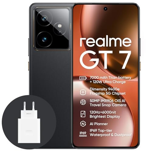 realme GT7 5G Smartphone,12+256GB,Batteria 7000mAh,120W charge,Processore Dimensity 9400e, Fotocamera IMX906 50MP, AI Planner, Display Pro-Esports da 6000 nit 120Hz,IP69,nero, esclusiva Amazon