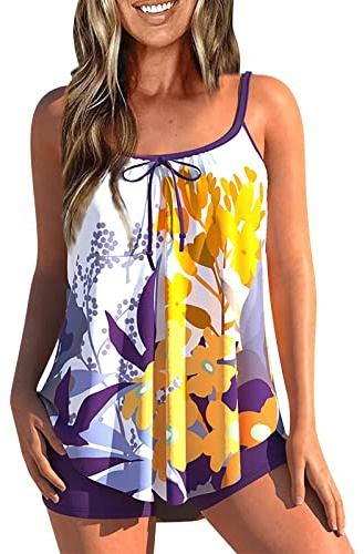 Tankini Maillot De Bain Femme 2 Pieces Shorty Tankini Grande Taille Ronde Amincissant Maillot De Bain Taille Haute Ensemble avec Armature Bikini D'été Marque Pas Cher Beachwear Violet L