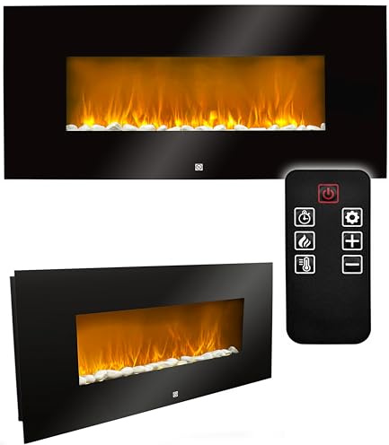 Elektrokamin Wandmontage 94cm – Elektrischer Kamin mit LED Flammeneffekt & Heizfunktion 2000W – Wandkamin mit Thermostat Timer & Fernbedienung – Design Kaminofen ohne Schornstein, Schwarz