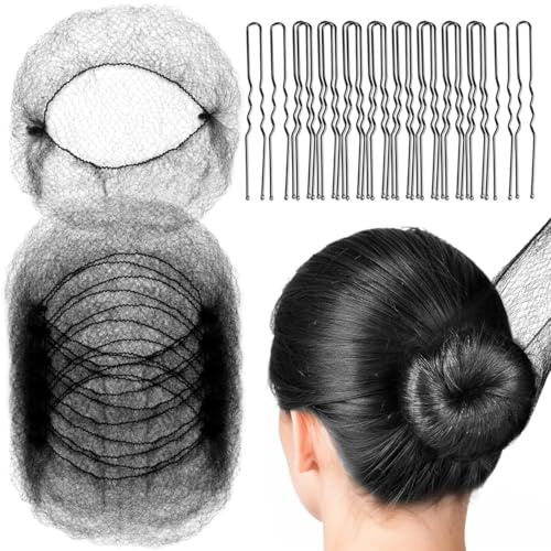 Retine per Capelli Invisibili per Chignon, 20 Retine Invisibili per Capelli con 40 Forcine Per Capelli, Capelli Elasticizzati, per Balletto, Danza, Infermiera, Donna (Nero)