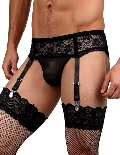 comeondear Liguero para Hombre de Encaje con 4 Tirantes Ajustables para Medias, Lenceria Sexy de Cintura Baja con Arnés Elástico, Ropa Interior de Malla Estilo Gótico Talla Grande Negro,S