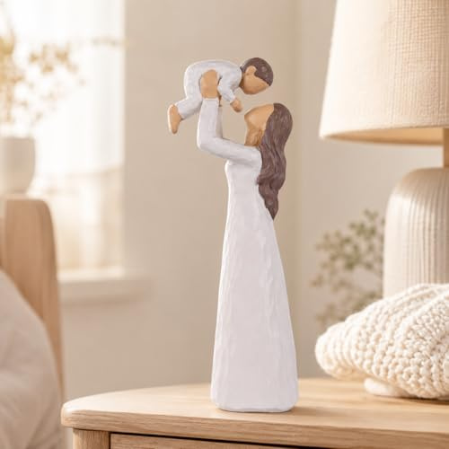 Statuetta madre e figlio, dipinta a mano, statua in resina con mamma che solleva, sentimentale per la nonna, decorazione artistica per la casa per caminetto, ricordo del bambino (bianco)