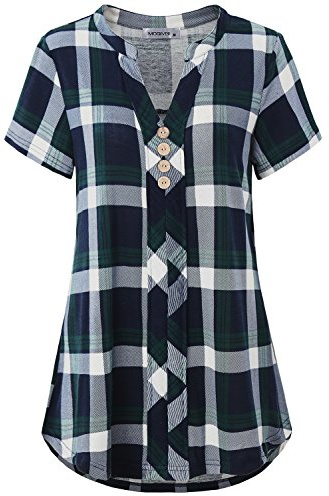 MOQIVGI Women Short Sleeve V Neck Plaid Tops Dressy Trendy Casual Checked Shirts Blue Green XX-Large