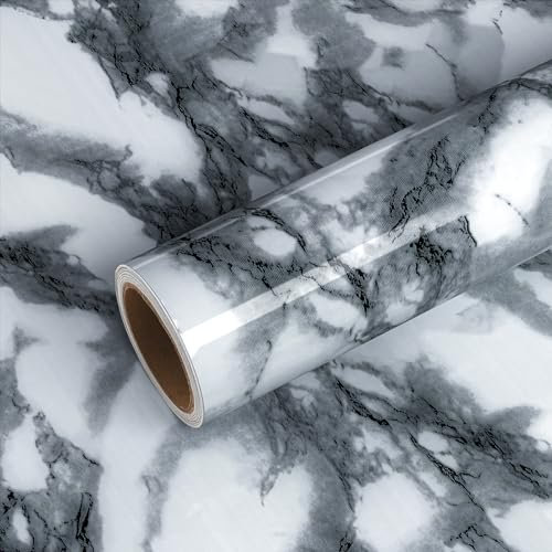 VEELIKE Marble Sticky Back Plastic Roll Vinyl Worktop Covering Marble Effect Wallpaper Waterproof Contact Paper White and Grey Vinyl Film for Table Fireplace Kitchen Countertop TV Unit 40cm x 900cm
