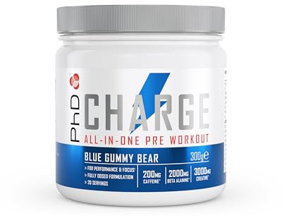 PhD Charge, All in One Pre Workout Powder with Creatine for Women and Men, Rich in Beta Alanine, High Caffeine for pre-Workout, Blue Gummy Bear Flavour, 20 Servings Per 300g Bottle