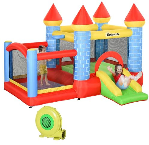 Outsunny Kids Bouncy Castle House Inflatable Trampoline Slide Water Pool Basket 4 in 1 with Blower for Kids Age 3-8 Castle Design 2.8 x 2.6 x 2.1m, Indoor Outdoor