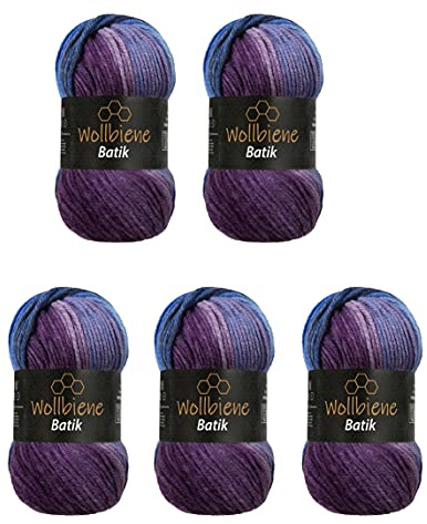 Wollbiene Batik Lot de 5 pelotes de laine de 100 g pour tricot et crochet (500 g) Multicolore Avec dégradé de couleurs Couleur 5900 violet, baie, bleu