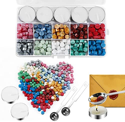 Wax Seal Stamp Kit 307 Pcs Wax Sealing Kit with 300 Octagon Sealing Wax Beads, 2 Wax Melting Spoons and 5 Tea Candles, Wax Seal Kit for Vintage Envelopes Letters DIY Crafts Gift Wedding Invitation