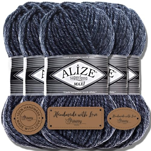 Alize 5 x 100g Superlana Maxi Türkische Premium Wolle Baumwolle und Acryl Uni Handstrickgarne, Yarn, Garn, Strickgarn, Einfarbig, Baby, zum Häkeln Stricken Kleidung Schals (Jaspe Navy - 805)