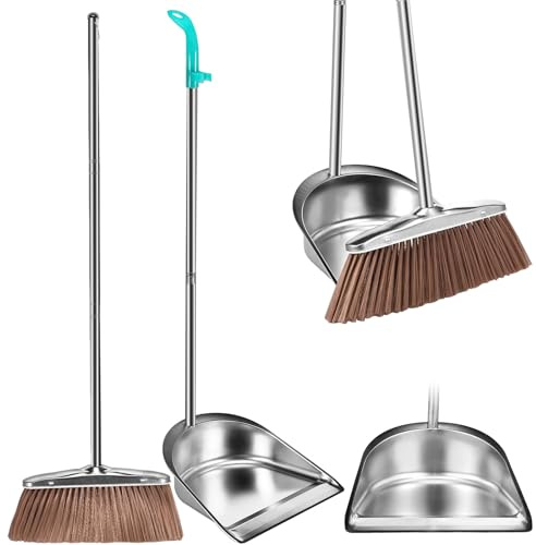 Sopskyffel och kvast set med kvast och sopskyffelset med långt handtag 93 cm kvast med sopskyffel roterbar rostfritt stål metall kvast set för sovrum vardagsrum (rund)