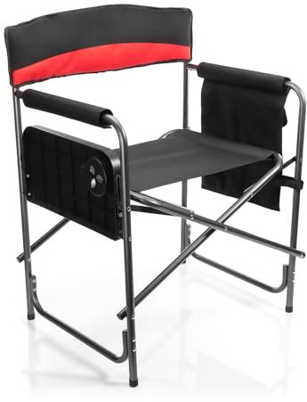 BigDean Campingstuhl 150kg mit Tisch – Klappstuhl mit Getränkehalter + Seitentasche – hochwertiger Angelstuhl in Schwarz/rot Regiestuhl klappbar