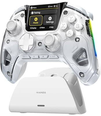 ManbaOne kabelloser Game-Controller mit interaktivem Bildschirm für Switch/Windows PC/iOS/Android, Hall-Effekt-Stick und Trigger mit Ladestation (weiß)