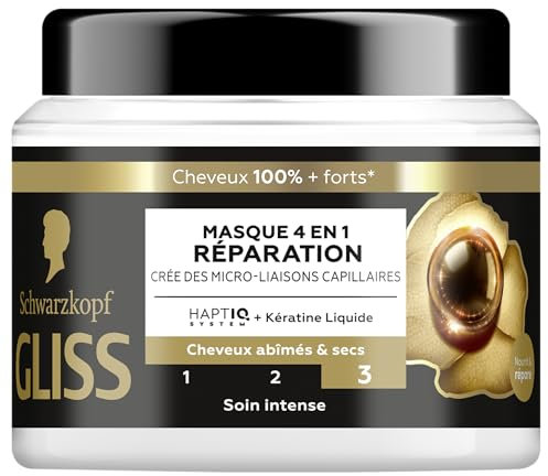 Schwarzkopf - GLISS - Masque 4en1 - Réparation - Kératine Liquide - Haptiq System - Crée des Micro-Liaisons Capillaires - Cheveux Abîmés et Secs - Soin Intense - Nourrit & Repare - 400ml