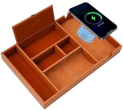 TRIXES Hellbraunes Valet-Tablett - Veganes Leder mit integriertem kabellosem Smartphone-Ladegerät – 33,5cms x 23,5cms - Nachttisch-Organizer für Telefone, Schlüssel, Uhren, Geld und mehr...