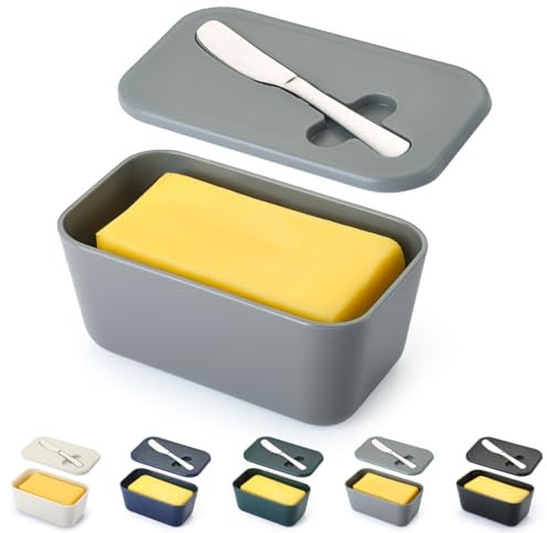 Butter Dish with Lid for Countertop and Refrigerator Door Shelf, ReaNea Plastic Butter Holder Tray Container with Butter Knife, Easy Scoop Dishwasher Safe