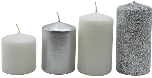 Adventsljus, blockljus, adventskransljus, bordsljus, blockljus, taveljus i silvervitt och silverglitter, leveransomfattning 4 stycken, uppdelat från L/B/H 5 x 5 cm till L/B/H 5 x 5 cm till L/B/H 5 x 5