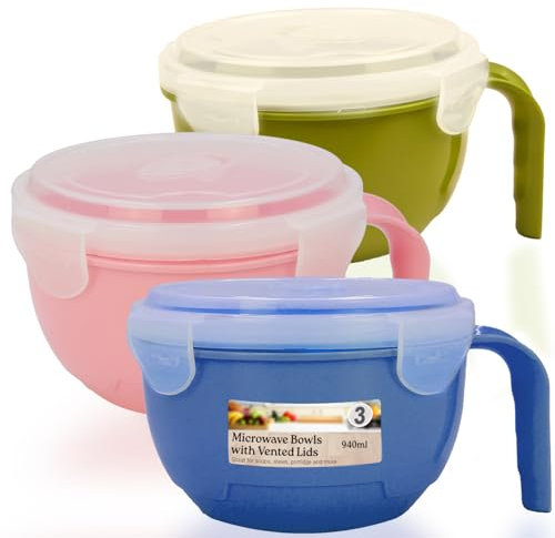 D.A.Y. Republic 3pk Microwavable Food Bowls, Ideal for Soups, Pack Lunch, Travel, BPA Free 940ml with Airtight Lid and Handle, Dishwasher, Freezer and Microwave Safe (3)