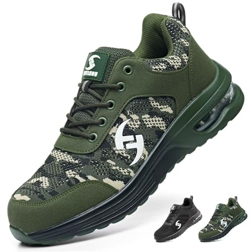 POYLONU Chaussures de Sécurité Hommes Femmes Baskets de Sécurité Légère Respirant Chaussures de Travail avec Embout en Acier et Semelle Anti-Perforation Vert Militaire Taille 42
