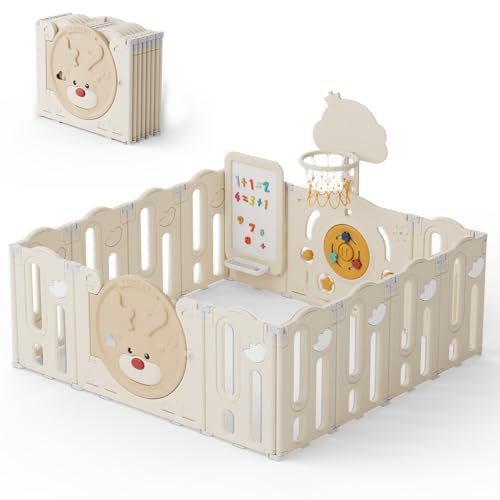 Warmiehomy Playpen for Baby and Toddlers, Foldable Kids Play Pen with Play Mat, Pit Balls, Basketball Hoop, Drawing Board, Deer Theme Large Adventure Activity Centre