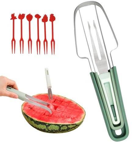 LUMOOM Cortadores de horquilla sandía 3-en-1, sasmelones sastres acero inoxidable, cortador de melón, cortador frutas para sandía, papaya, melón (Verde)
