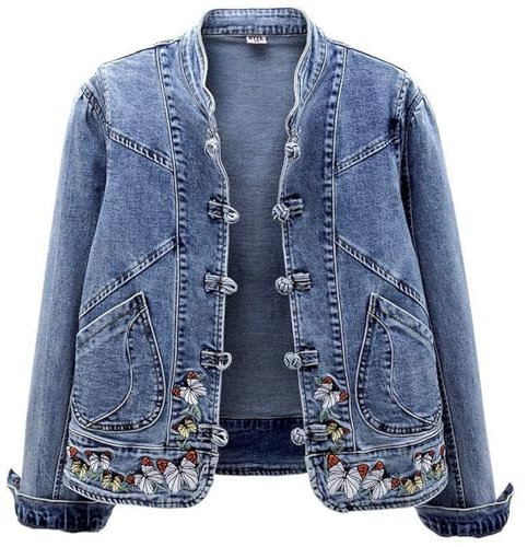 Jeanskappa dam sommar kort jeansjacka dam elegant övergångsjacka stora storlekar fritidsjacka vintage jeansjackor med fickor cardigan casual jeansblazer bekväm bikerjacka stretch cardigan, blå, M