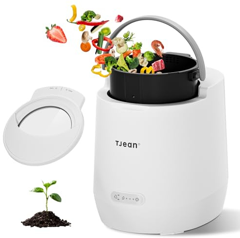 TJEAN 4L Electric Composter with Ceramic Coating & Glass Lid, Dual Mode Food Waste Processor | Quick 6h Drying & 24h Composting | Odor-Free Kitchen Countertop Bin (White)