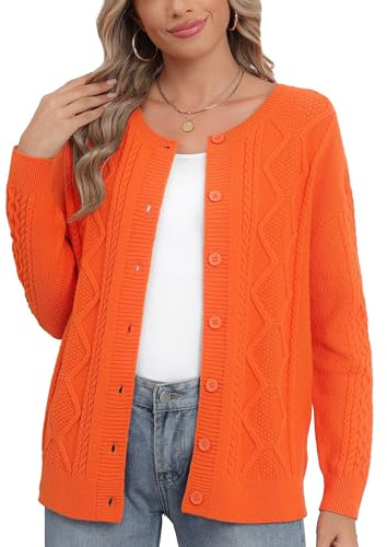 YGJIEGENG Open Front Womens Chunky Cardigans Long Sleeve Cable Knit Loose Long Cardigan Sweater with Buttons Casual Outerwear Coat for Winter Autumn, Orange, L