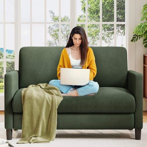 Welzona Mini sofá de 2 plazas, 130 cm, Pana, pequeño, cómodo, para habitación Adolescente, instalación sin Herramientas, sofá de 2 plazas y sofás de Madera Maciza, pequeños sofás de salón, Verde