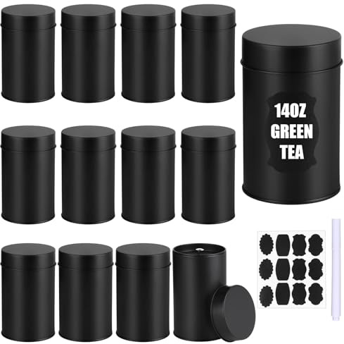 RUIYELE 12 Pcs Tea Tin Canisters with Double Airtight Lids 14 oz Round Black Metal Tea Sugar Coffee Canisters Set Small Coffee Caddy Kitchen Container Storage for Loose Leaf Teas Spices (12)