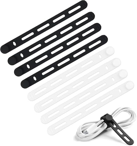 8 Pcs Fascette Cavi Silicone, Riutilizzabili Fascette Cavi, 30 mm Regolabili Fascette Silicone Organizer, Utilizzati Gestire Cavi Ricarica, Cavi Computer, Adatti Viaggi Casa (Nero,Bianco)